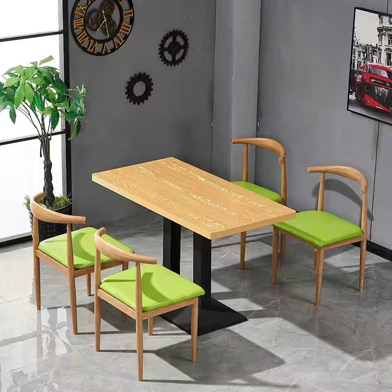 现货快餐桌椅铁艺仿实木牛角椅简约奶茶甜品汉堡店方桌食堂饭店餐