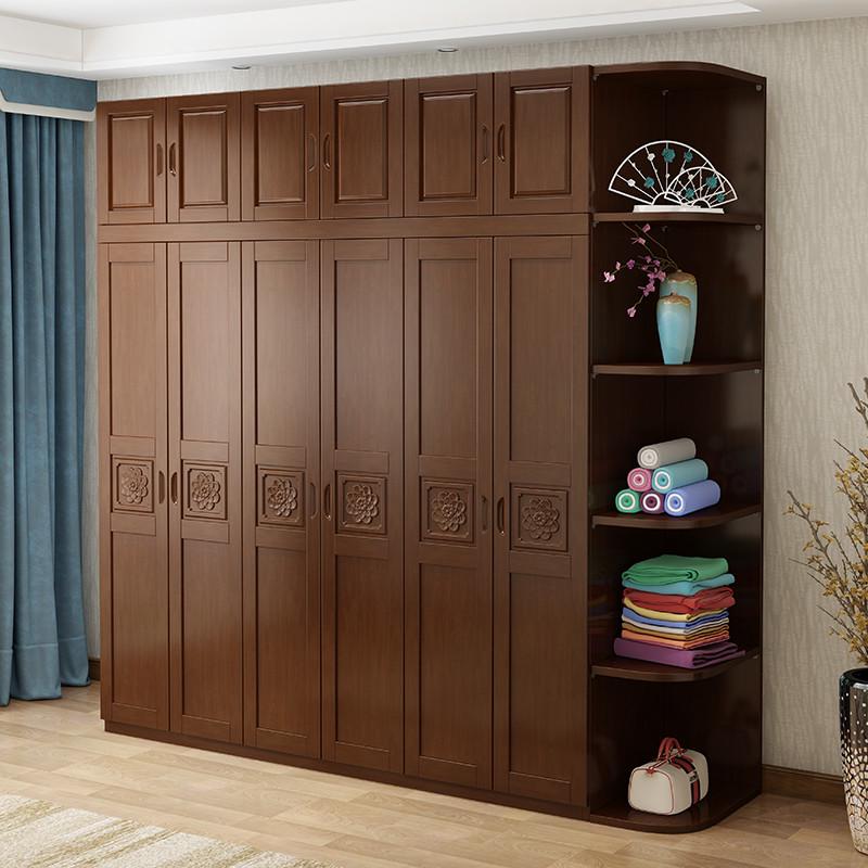 现货简约中式实木衣柜六门整体大衣橱雕花加顶柜加边柜超大衣柜