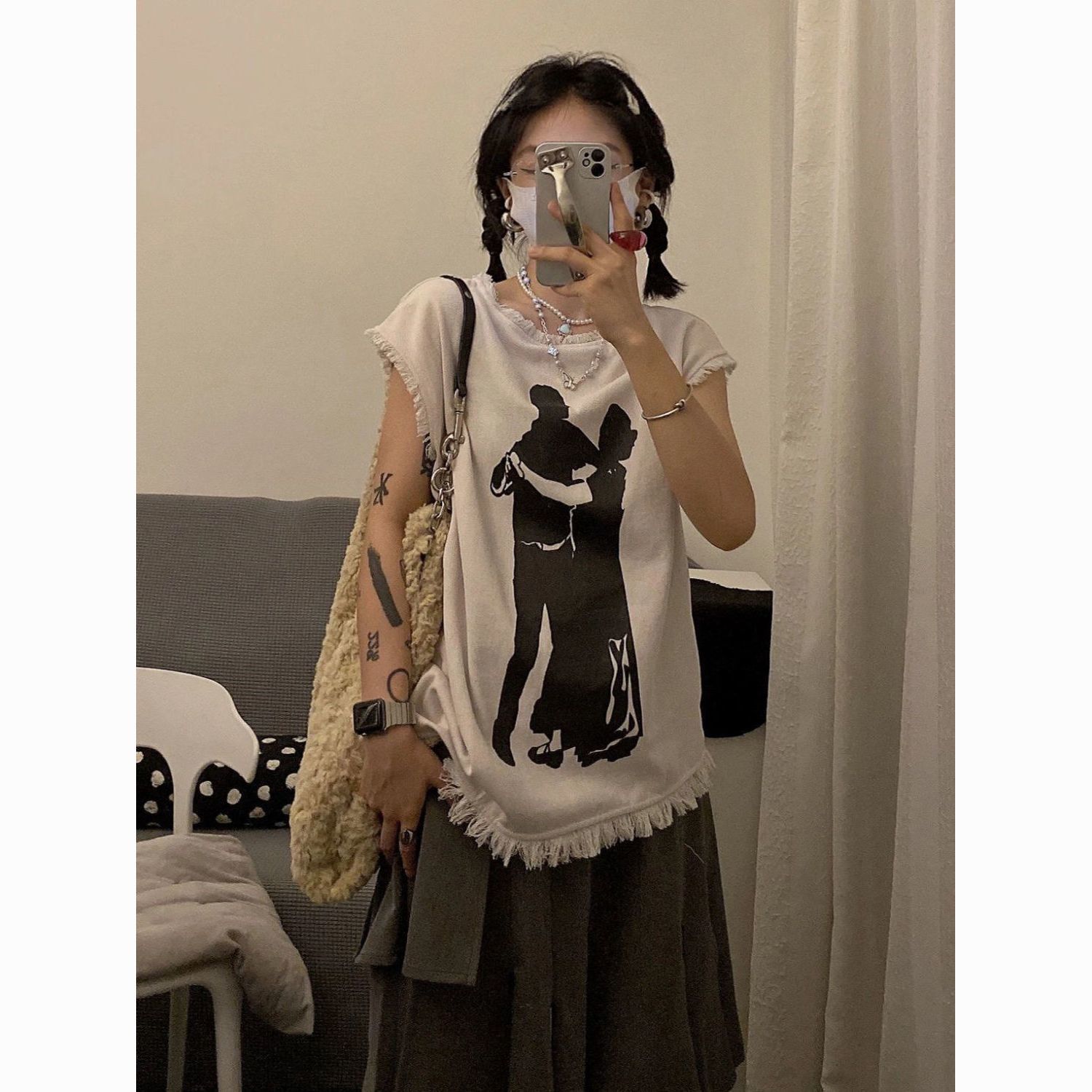 港风复古甜辣妹流苏T恤女