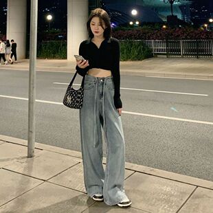 设计感绑带复古牛仔裤女春季韩版ins高腰显瘦学生直筒阔腿拖地裤