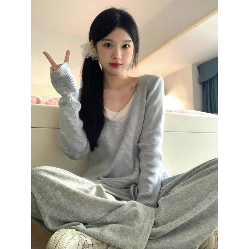 假两件蓝色针织衫女秋冬