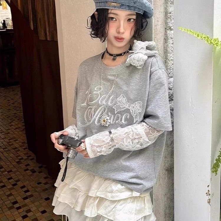 假两件字母印花长袖t恤女
