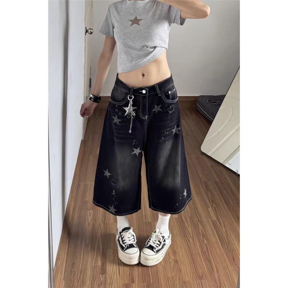 复古星星印花牛仔短裤裤