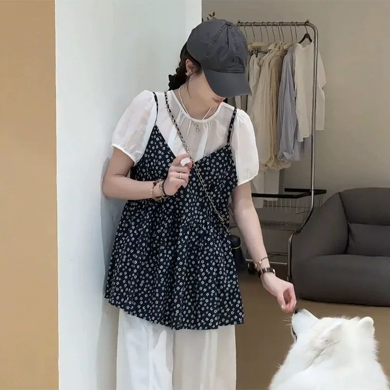 大码胖mm法式碎花吊带假