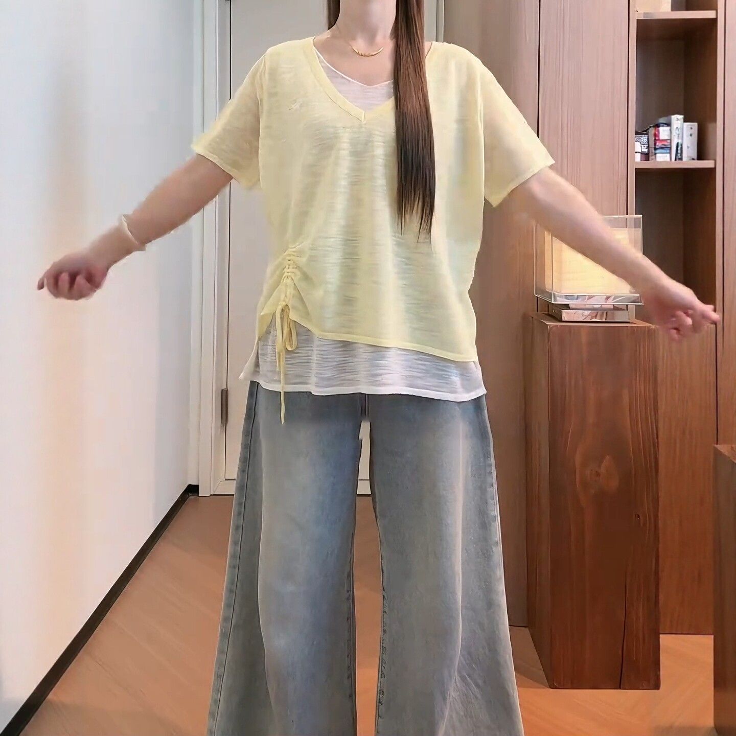 上衣黄色2026抽绳夏短袖