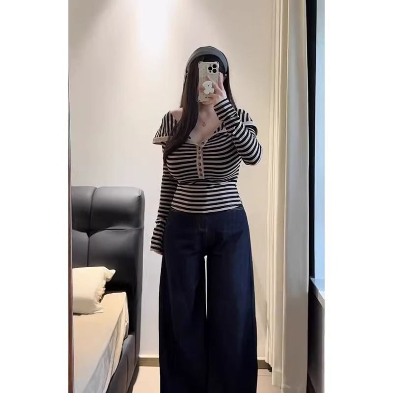 大码女装辣妹条纹一字肩