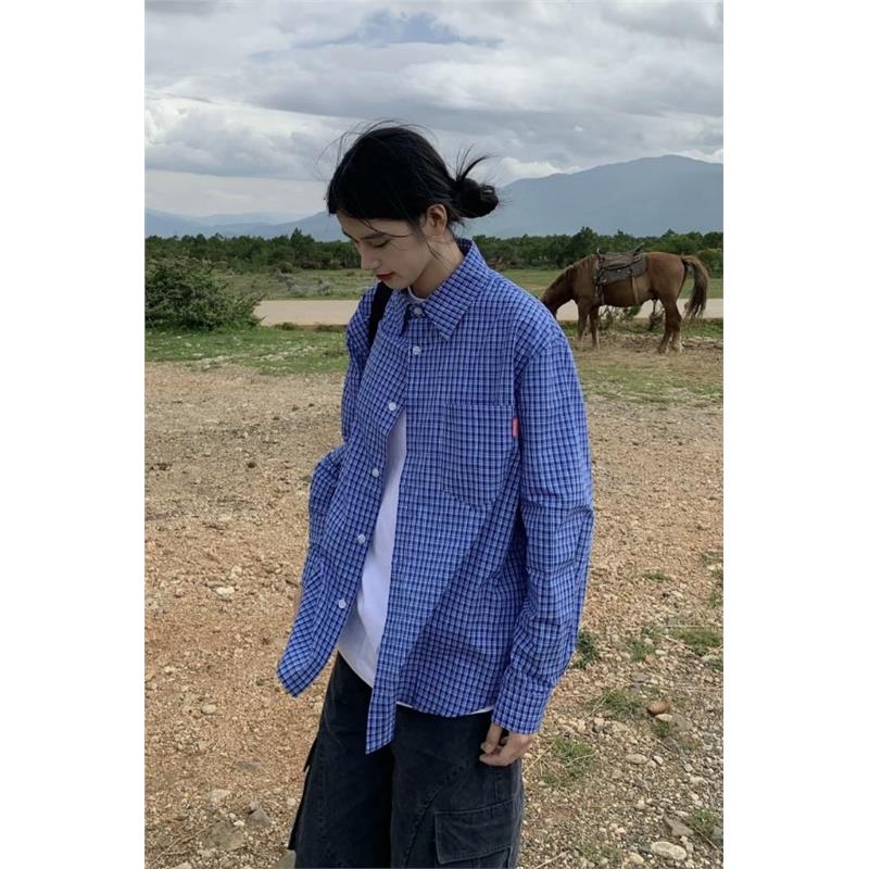 美式复古蓝色格子衬衫春