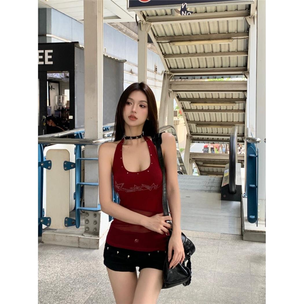 网纱烫钻背心吊带女春季