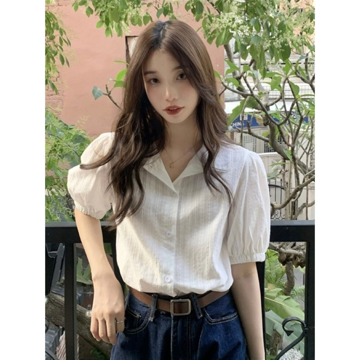 纯棉蕾丝花边短袖衬衫女