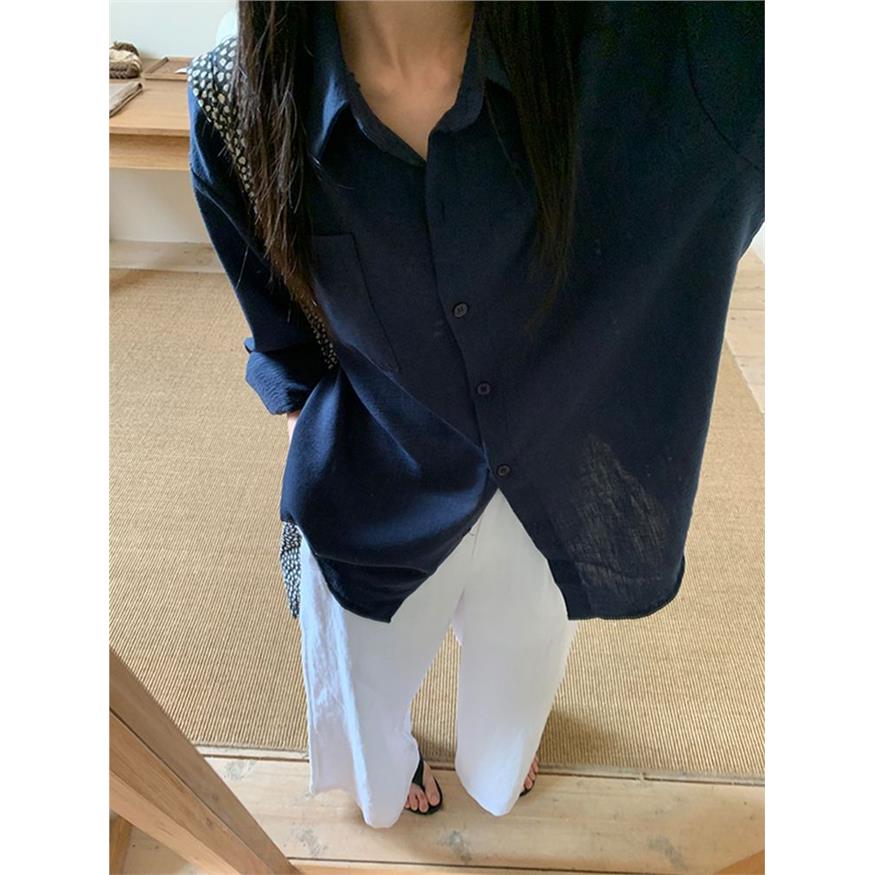 老钱风藏青色棉麻衬衫女