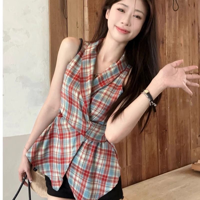 美式辣妹上衣格子露肩挂