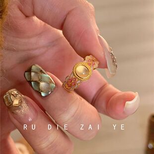 桃思竹 粉色娇嫩!桃之夭夭粉金珐琅戒指国风古法粉嫩气质开口戒