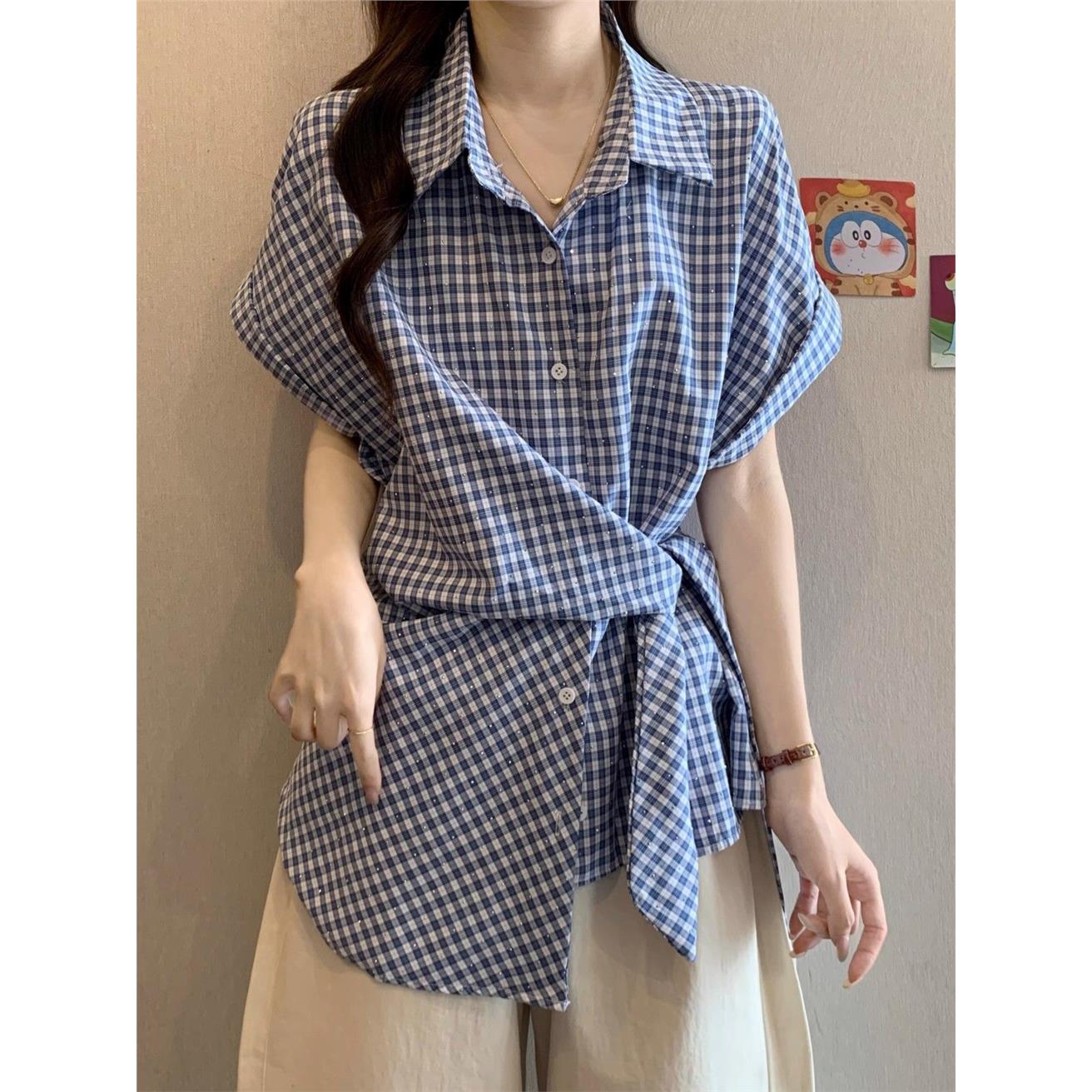 蓝色格子短袖衬衫女夏季