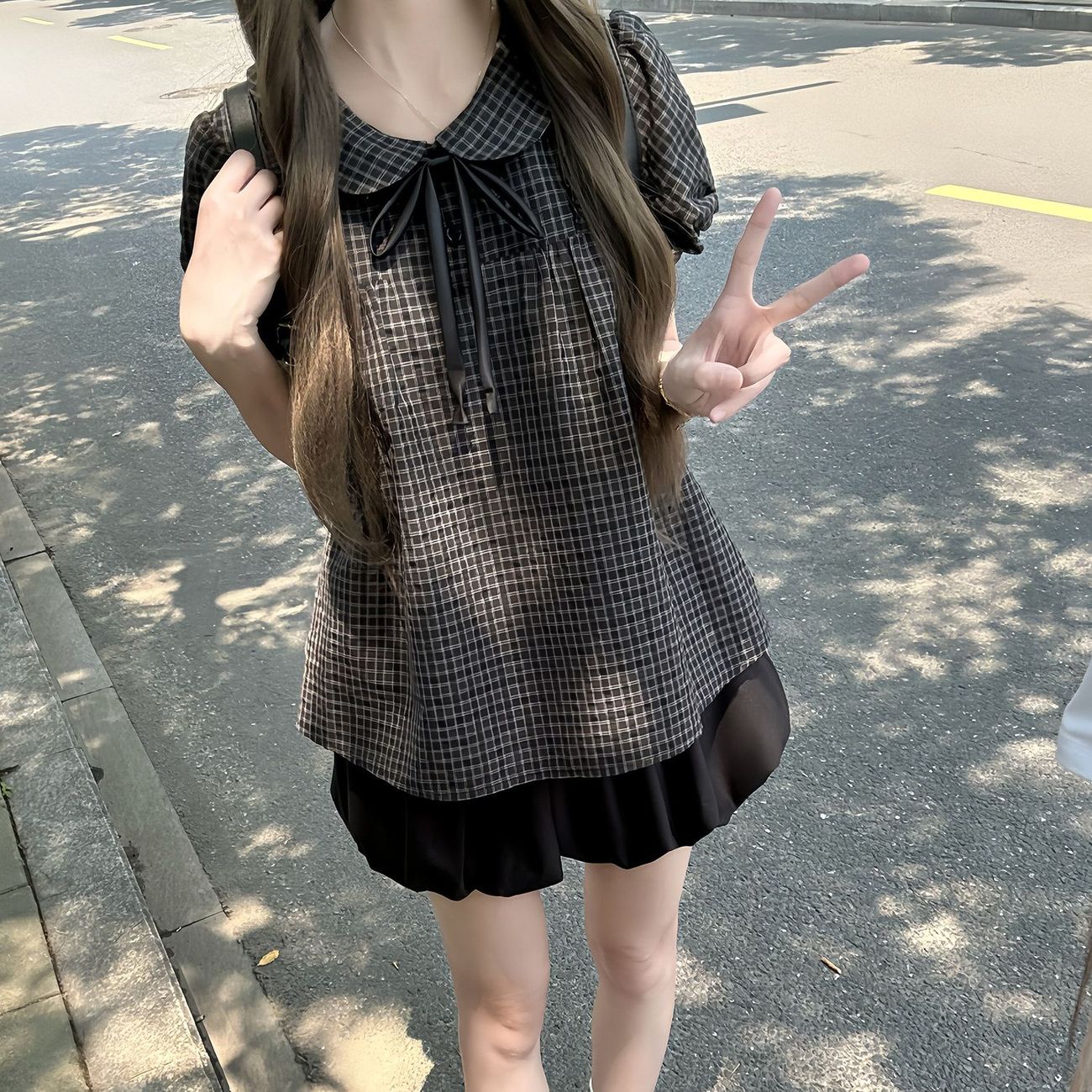 娃娃领格子短袖衬衫女夏