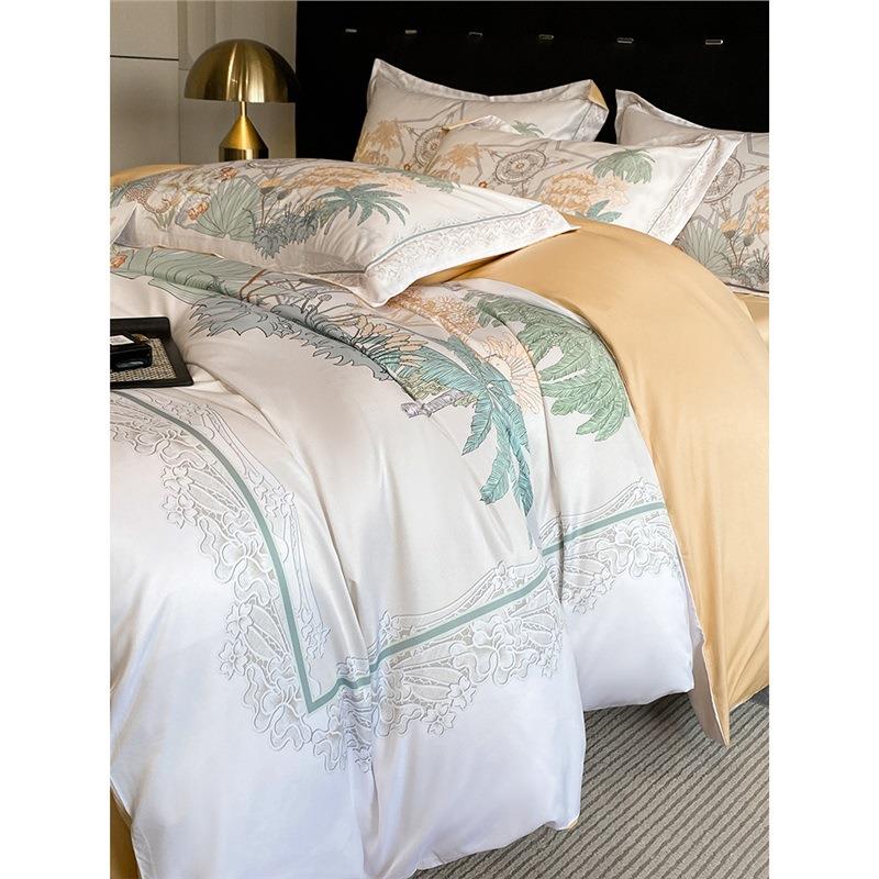 夏季轻奢冰140支天夏丝数床码印花四件套天凉感裸睡丝单被套无品