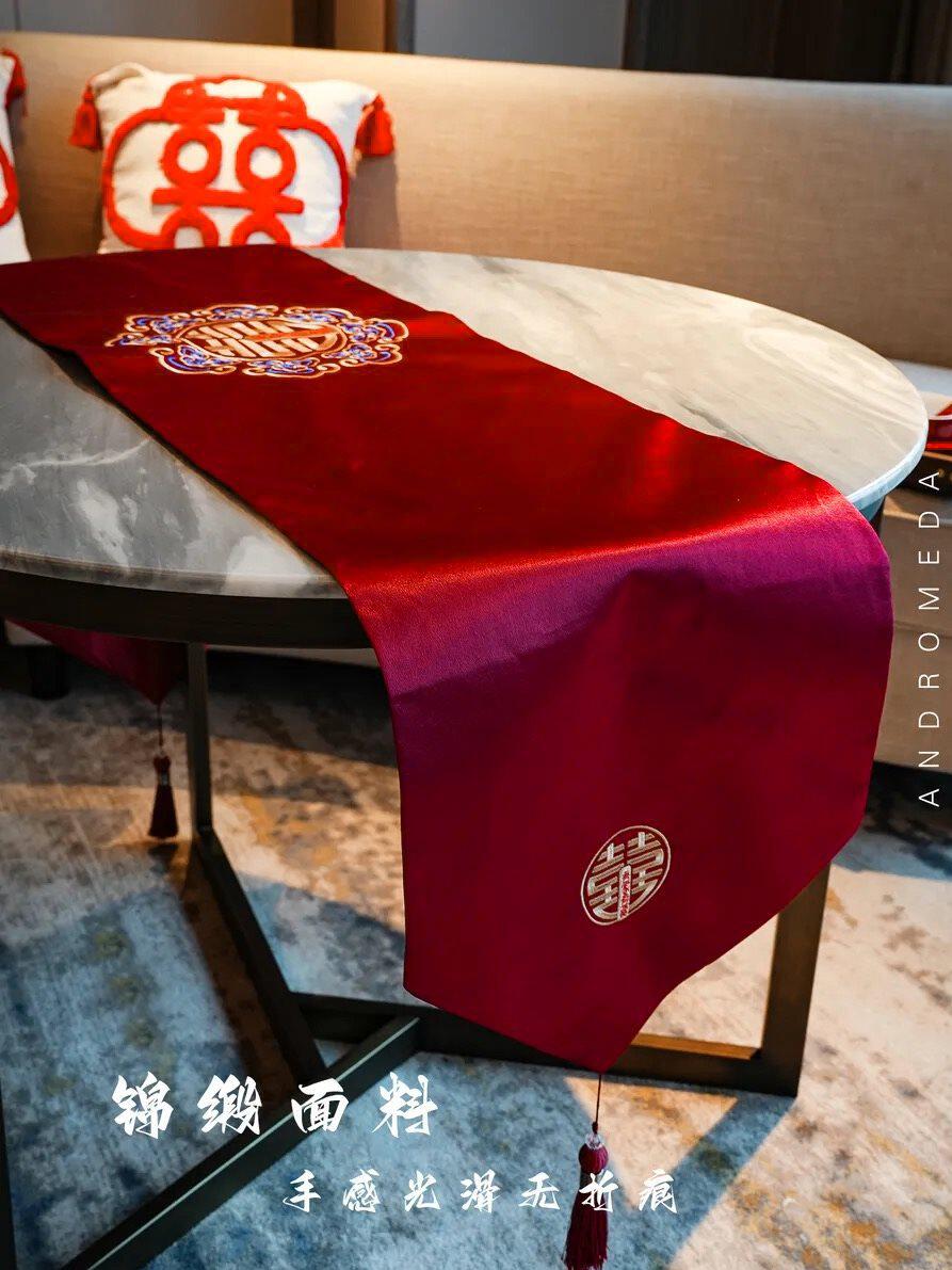 中式红色喜字婚礼桌旗盖巾