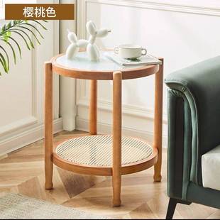 简约藤编小圆桌子 家用北欧圆形桌实木玻璃茶几组合小户型客厅日式