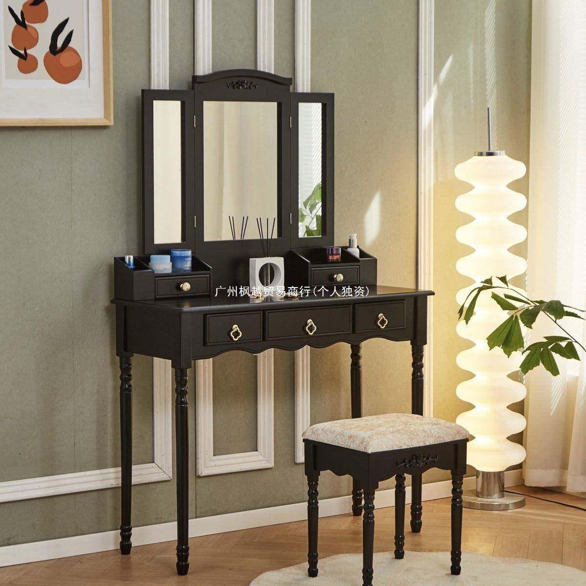 美式复古190深实梳妆台带镜带色卧室梳妆桌化妆台小户型凳收纳木