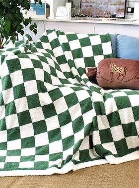 毛半边绒盘格毯盖被办B027027公室午休午睡毯加绒加厚针织盖毯发