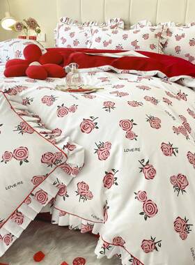 6套B新76F76797M8简约婚庆四件纯棉红色结婚被套床单婚房床上品陪