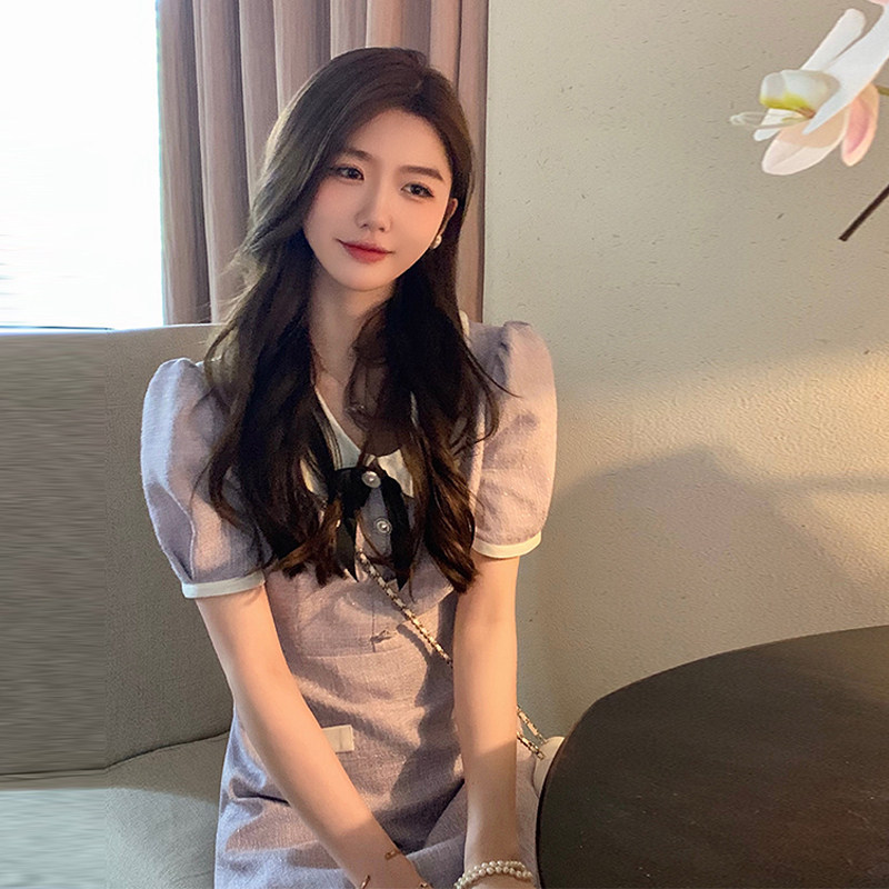 现货法式小个香风连衣裙夏2024名媛高级感紫色温柔甜美茶系气质短