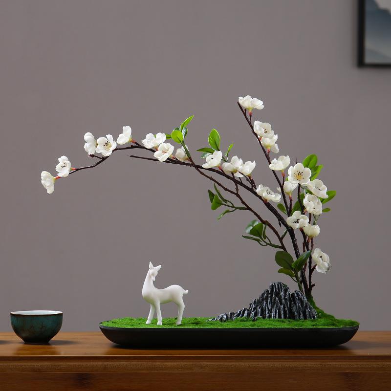 创意仿真栽梅花植物20189盆客厅电视柜桌面摆真仿花假山陶瓷小鹿