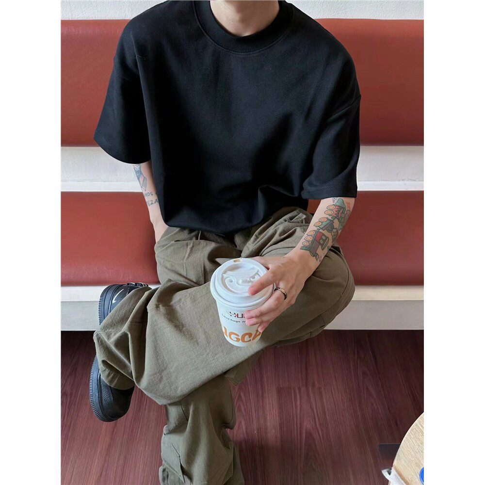 （重磅面料）320G纯色显瘦宽松纯棉圆领打底大尺码T恤短袖男女同
