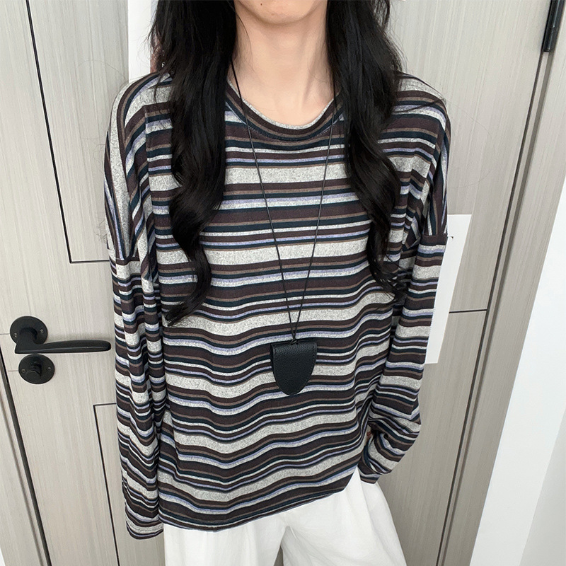 条纹圆领打底衫女春秋季宽松显瘦