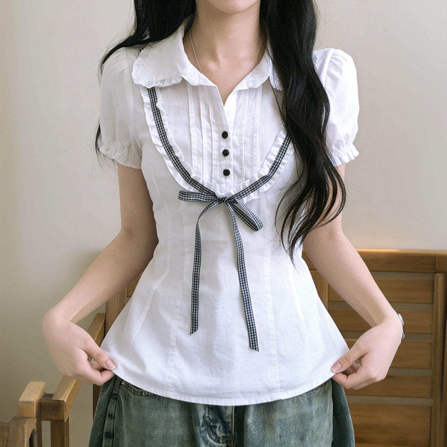 美式辣妹学院风翻领纽扣衬衫上衣蝴蝶结系带泡泡袖修身休闲T恤女