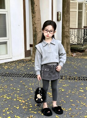 萌欧鱼 春季新款童装小众设计感洋气卫衣短裙两件套小学生套装