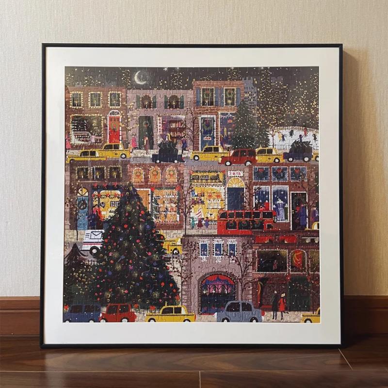 galinson圣诞金箔夜冬灯四季繁华方形拼图相框双层卡纸铝合金画框