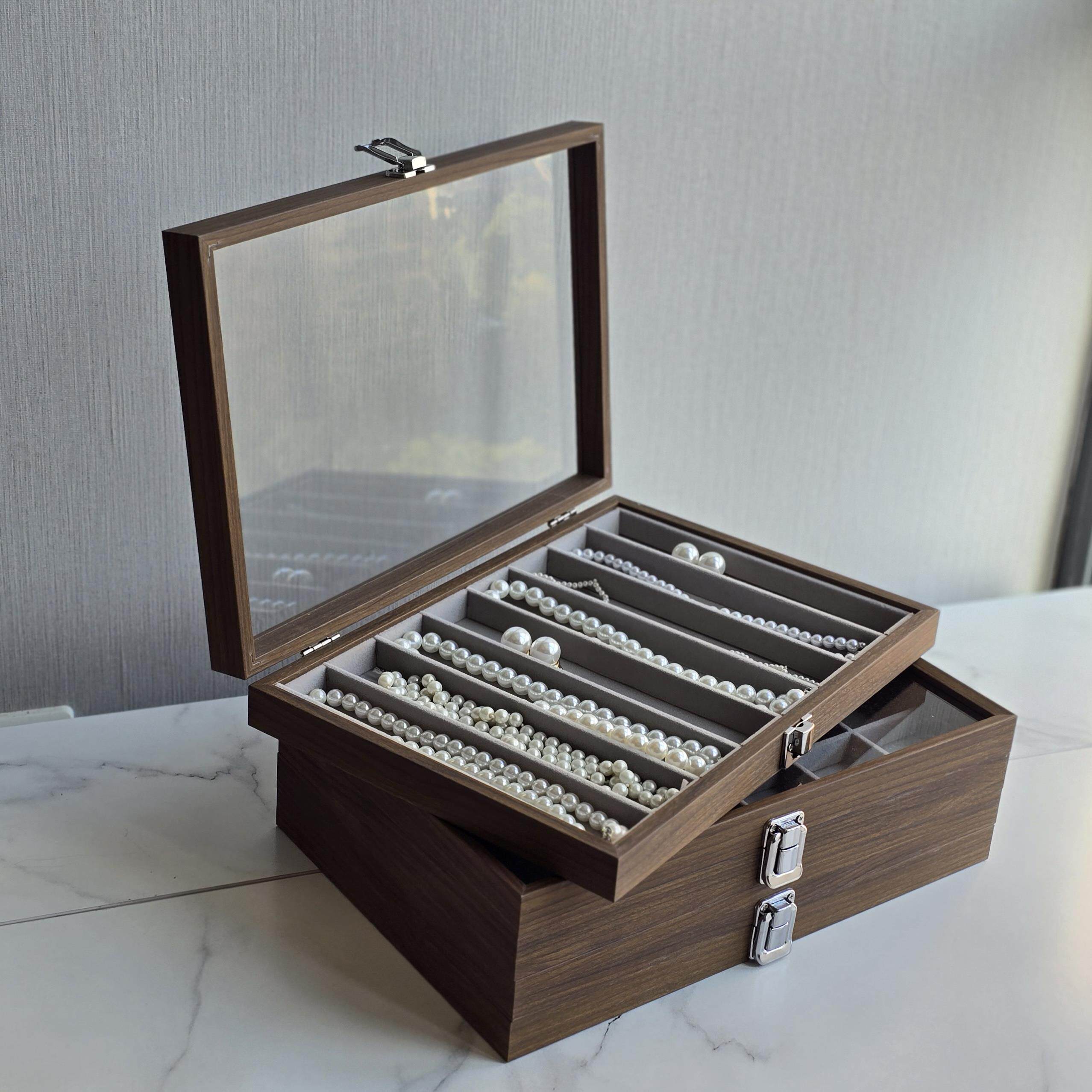 高档木纹珍藏箱首饰盒收纳盒珠宝项炼戒指耳针耳环展示架子大容量