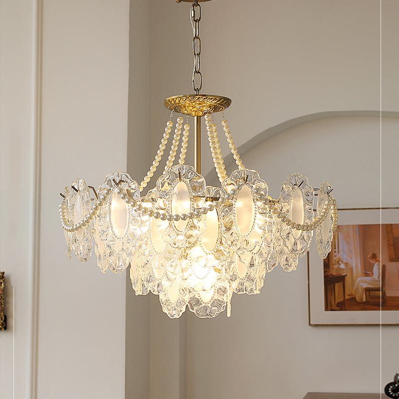 法式田园水晶卧室吊灯客厅简约温馨珍珠玻璃网红创意餐厅灯具轻奢