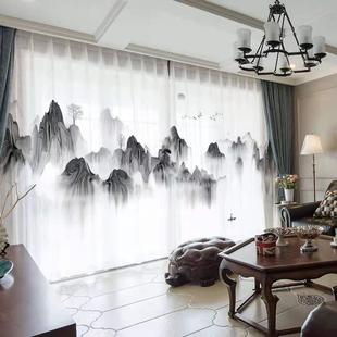 印花窗纱古典中式 半遮光不透人纱帘数码 中国风山水画3D水墨画窗帘