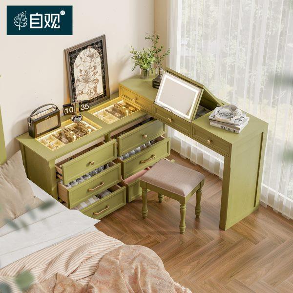 自观绿色转角一体梳妆台床边书桌实木转角桌柜卧室侧边床头柜妆台