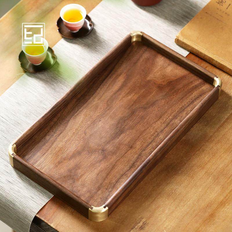 天然北美黑胡桃木镶铜角茶盘实木托 托盘家用长方形收纳木质木盘,餐饮具,茶盘,淘宝优惠券,粉丝福利购,淘宝优惠卷
