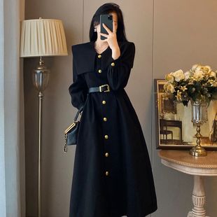 法式赫本风掐腰长袖黑色连衣裙子女秋冬季2025新款小个子入秋长裙