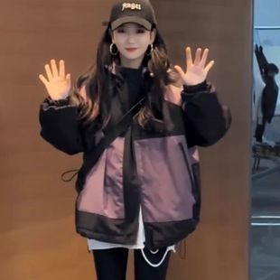 欧货连帽二棉冲锋衣女撞色棉服外套2024冬季加厚夹克开衫中长款潮