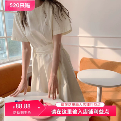 现货 韩国chic夏日简约清新法式竖褶系带显瘦连衣裙 女