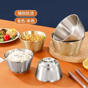 304不锈钢米饭碗汤碗高脚斜纹双层隔热防烫碗家用泡菜儿童吃饭碗