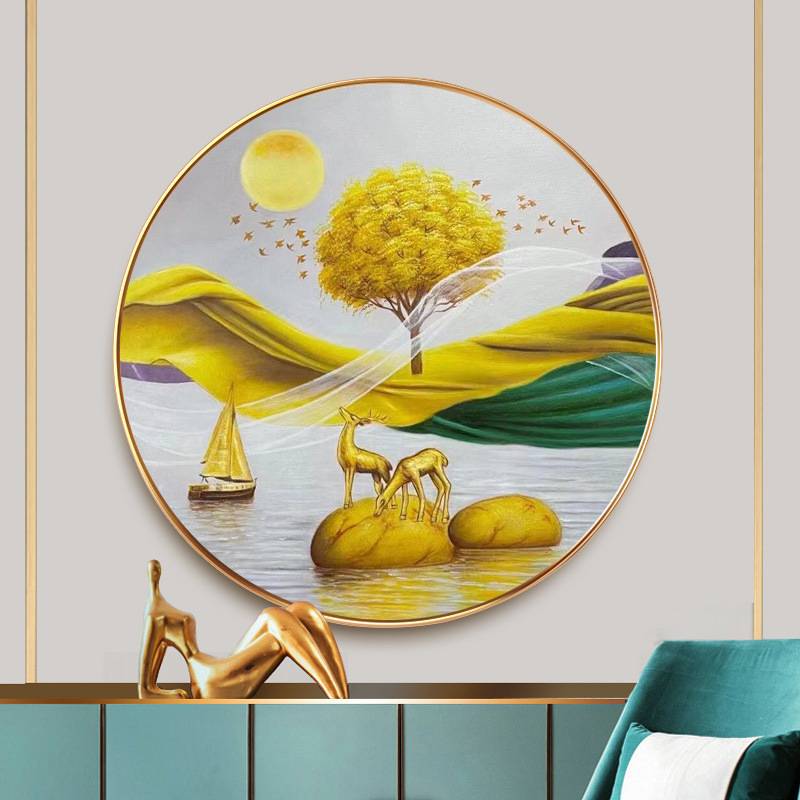 纯手绘油画圆形麋鹿风景装饰画客厅玄关壁画手工绘制成品圆框挂画图片