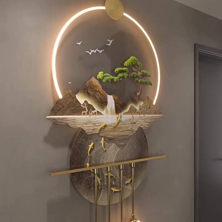 高山流水玄关装饰画山水高档立体LED壁灯新中式入户走廊过道挂画图片