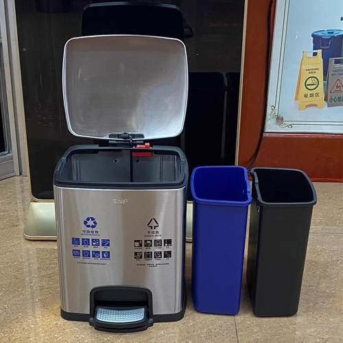 商场不锈钢类双分筒大容量脚踏分干湿离家SJ20-F03用垃厨房圾桶有