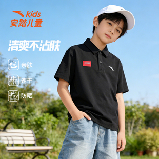 安踏儿童polo衫短袖T恤新款黑色男女童翻领T恤初高中小学生班服