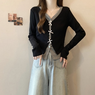 速发蝴蝶结V领气袖T恤早秋款大码微假两件短款长衣法式洋上小衫