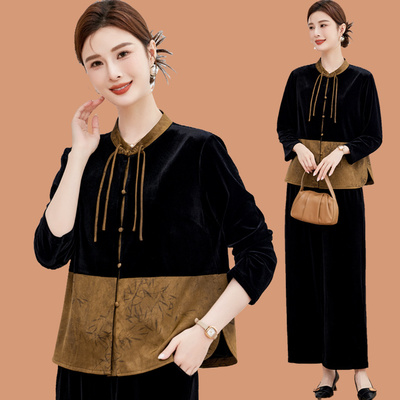 速发妈妈新装奶款金丝绒国风套装中老年人装新中式外套洋气秋奶上