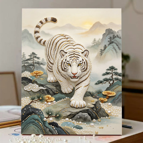 2026新款珍珠画山水白虎材料DIY手工钻石贴画高感客厅装饰挂画
