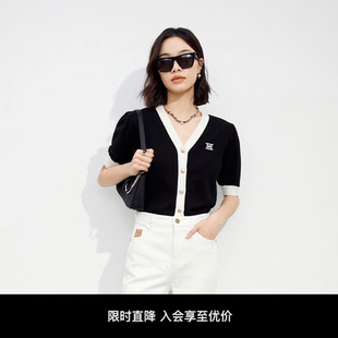 仿佛夏季 针织外套 香风撞边v领短袖 针织T恤女开衫