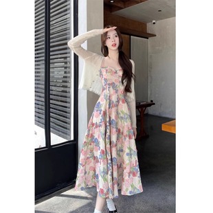 速发大码装春油带式茶歇夏画碎花吊法连衣裙高级感海边度假沙滩长