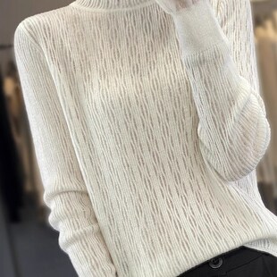 速发不费力优雅空网纱微透款!高领针织打底衫薄镂套头长袖